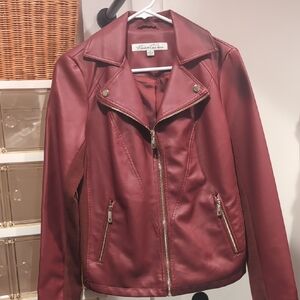 Kenneth Cole New York Burgundy Faux Leather Moto Jacket with Gold Hardware